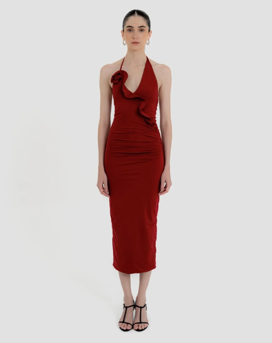 Coralina Bodydress in Carmesi - asymmetric halter neckline midi dress