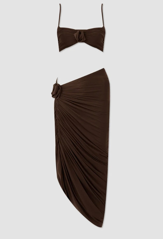 Medusa Set in Wood - straight neckline top and asymmetric midi skirt