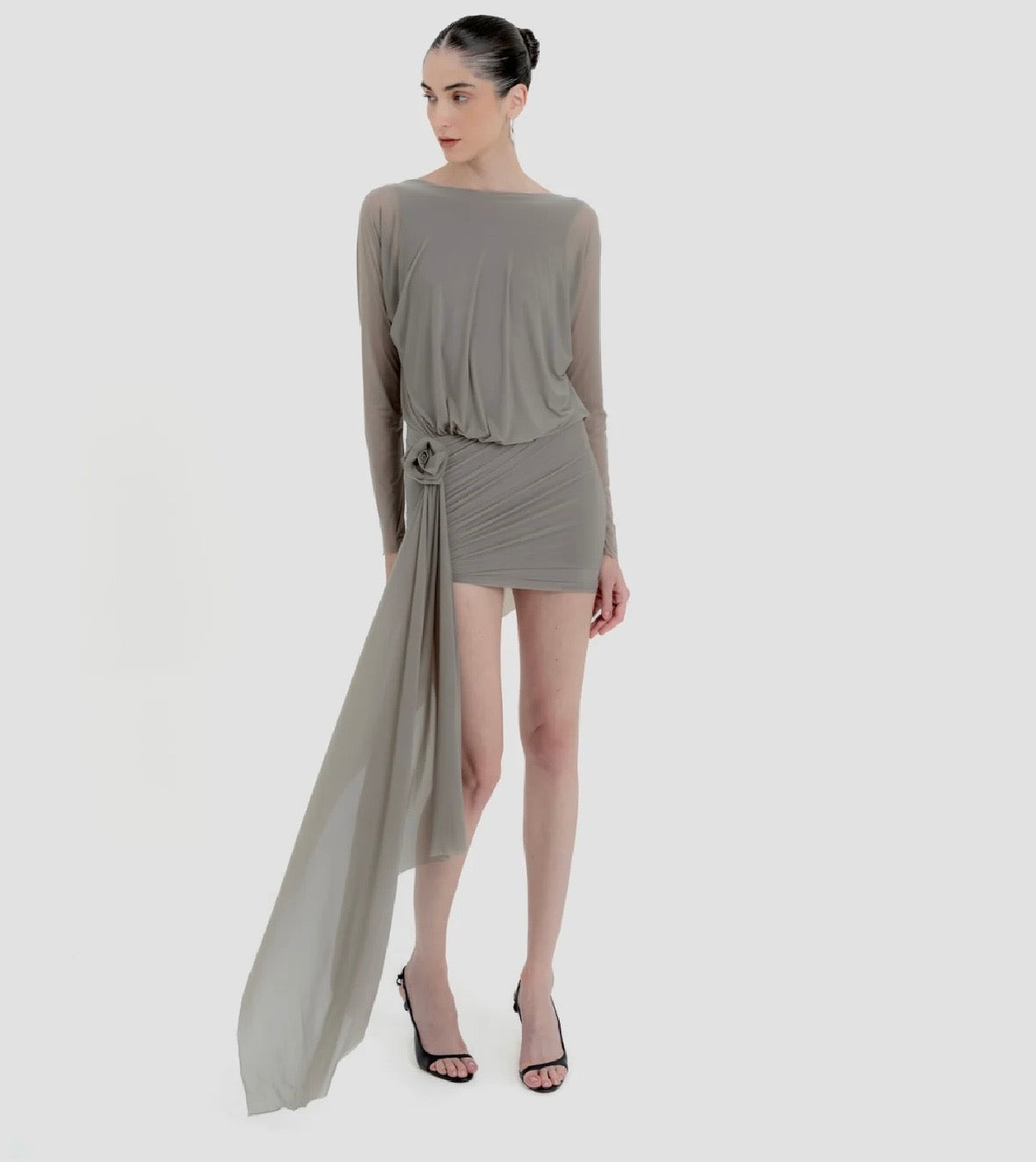 Lumbre Body Dress in Arcilla - bandeau neckline mini dress with 3D floral detail