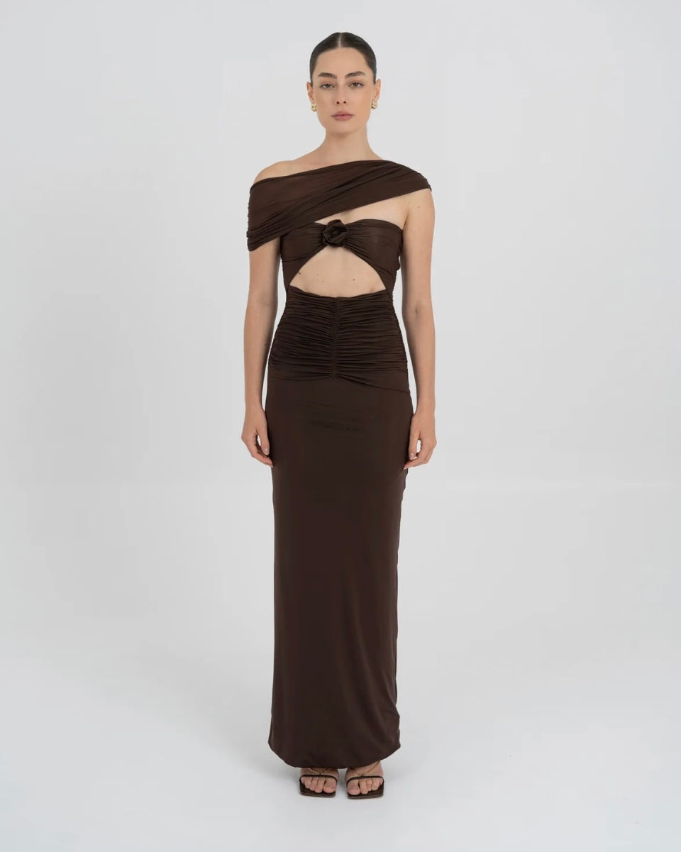 Catedral Bodydress in Wood - straight neckline long dress with 3D floral detail