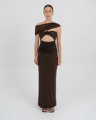 Catedral Bodydress in Wood - straight neckline long dress with 3D floral detail